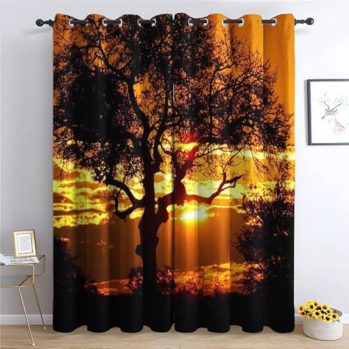 THYUNQ Vorhänge Afrika Sonnenuntergang und Baum Motiv, Vorhang Blickdicht Verdunklungsvorhänge mit Ösen - Gardinen Wohnzimmer Schlafzimmer Fenster, 2er Set Curtains, H 220 x B 140 cm