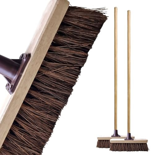 10” Broom Natural Stiff Bassine Bristle Outdoor Hard Bristle Sweeping Brush Long Wooden Handle with Durable Support Bracket Heavy Duty Sweeping Yard Brush for Potios, Deck & Graden (Pack of 2)