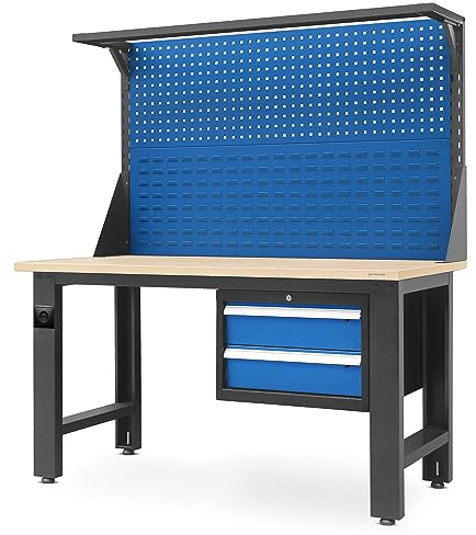 Jan Nowak Werkbank mit Werkzeuglochwand Werktisch mit 2 Schubladenc Steckdose Metall MDF Tischplatte Belastbar bis 600 kg Pulverbeschichtung 170 cm x 150 cm x 75 cm (Anthrazit-Blau)