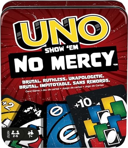 Mattel Games UNO No Mercy Jeu de cartes dans sa boîte de transport et de voyage, pour des soirées jeux en famille, avec des règles spéciales et des pénalités plus sévères, HXT57