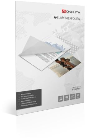 monolith - Laminierfolien DIN A4 80 mic 25er Pack | Hochglänzend, transparent, zum Laminieren von Dokumenten und Fotos