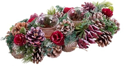 LOLAhome Centro de Mesa de Navidad para 2 Velas de Cristal Rojo con piñas de 31x14x8 cm
