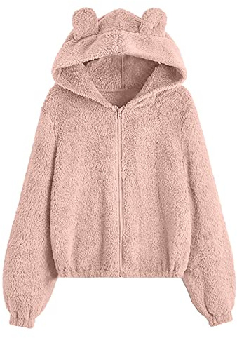 OBiQuzz Teddy, giacca in pile da donna con orecchie, con cappuccio, con cappuccio, con orsetto, giacca invernale sportiva, per adolescenti, ragazza