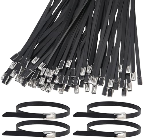 Faankiton 200 Pieces 304 Stainless Steel Ties, Metal Cable Ties with Rolling Self Locking, Steel Locking Ties, Matel Zip Ties, Self-Locking Stainless Steel Zip Ties (4.6 * 200mm, Black)