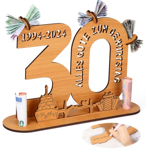 Alftek Geldgeschenke Geburtstag, Geschenkideen 30 Geburtstag Mann/Frau, Wooden Sign Guest Book Birthday mit LED Lichterkette Ständer Und Kerzenhalter Dekoration Geburtstagsgeschenk