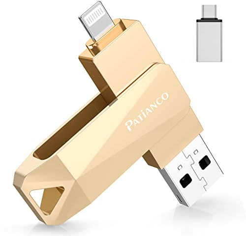 Patianco Memoria USB para iPhone 256GB Pendrive Photostick USB 3.0 para Type C-iPhone iPad 3 en 1 Flashdrive Memoria para OTG Android/iOS/Tablet/PC/Mac MFi Certificado TransferenciaRápida(256GB,Oro)