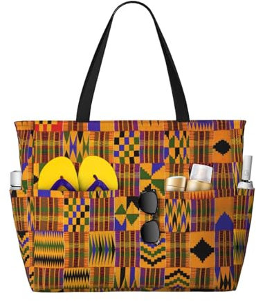 SCAUA Strandtasche mit afrikanischem Ethno-Muster, großes Fassungsvermögen, wasserdicht, Strandtasche mit Reißverschluss, für Fitnessstudio, Reisen, Camping, Afrikanisches Ethno-Muster, Einheitsgröße