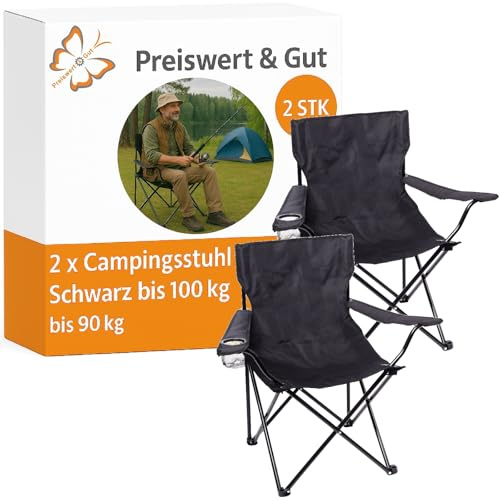 Preiswert&Gut Campingstuhl Faltstuhl klappbar und leicht, Anglerstuhl mit Tragetasche und Rückenlehne für Outdoor Garten und Festival, Schwarz