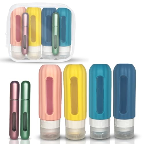 Botes viaje + atomizador perfume - Kit de viaje de 4 botes rellenables (90ml) y 2 atomizador recargable (8ml) - Ventanas para ver nivel de líquido - A prueba de fugas-Libre de BPA-Aprobado TSA (Azul)