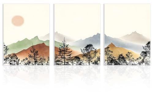 NymphFable Affiche de Décoration Murale Montagne abstraite, Poster Mural Boho Soleil Forêt Paysage en Toile pour Chambre Salon Décoration 12x16 in Set de 3 Non Encadrés