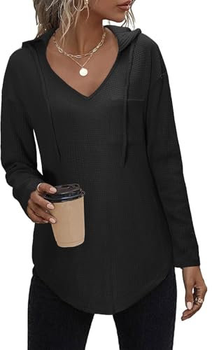 Vijamiy Pullover Damen V Ausschnitt Hoodie Moden Longshirt Sweatshirt Damen mit Kapuze Oversize Waffel Comforts Kapuzenpullover Frühling Herbst(Schwarz,XXL)