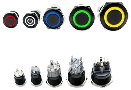 12/16/19/22mm Oxidized Black Waterproof Metal Push Button Switch Latching Momentary LED Light Power Switch 5V 12V 24V 220V CZAOINCU(Yellow Ring,22MM_220V)