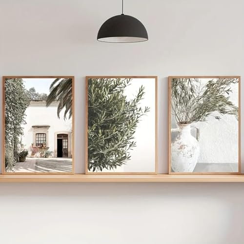 ZHAOLIN Canvas Poster Modern Art Olive Tree Architecture Poster Canvas Painting Green White Italian Wall Art Picture for Home Decor 50x70cm(20x28in) x3 frameless
