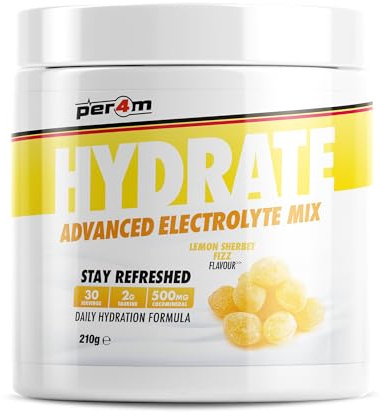 Per4m Hydrate Electrolyte Mix Powder | 500mg Cocomineral to Replenish Essential Electrolytes | Muscle Function, Cardiovascular Health, Neurological Support | 210g (Lemon Sherbet Fizz)