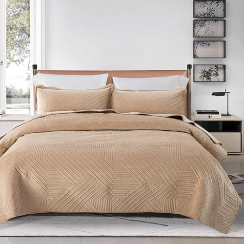 Couvre Lit 2 Personnes 220X240cm, Ensemble de literie à Motif de Ligne en Velours de Lait,Couvre-Lit Matelassé, Dessus De Lits Et Couvre-Lits De Luxe avec 2 Taies d'oreiller Beige 220x240cm