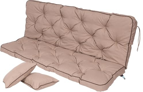 TexDeko® Ecolen Bankauflage mit Rückenlehne Outdoor 180x50x56cm Beige | Gartenschaukelkissen für Gartenbank mit Leinenoptik, wasserabweisend, UV-beständig, Polsterauflage mit Paspelrand