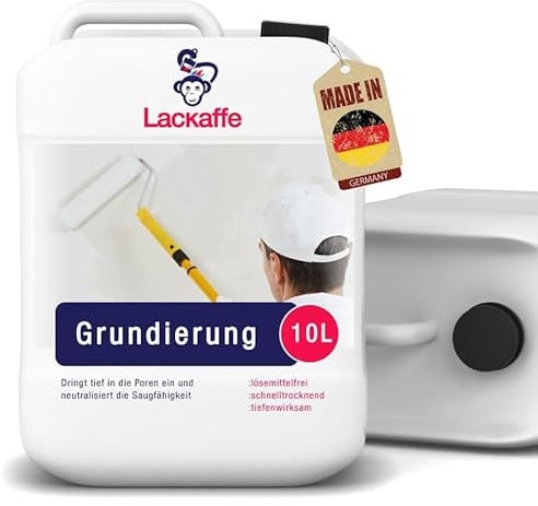 Lackaffe 10L Grundierung für Innen & Außen - Tiefgrund, Haftgrund & Putzgrundierung; Lösemittelfrei, wasserbasiert; Ideal für Wände, Gipskarton, Tapeten & Fliesen; Universal & für Beton LK-100