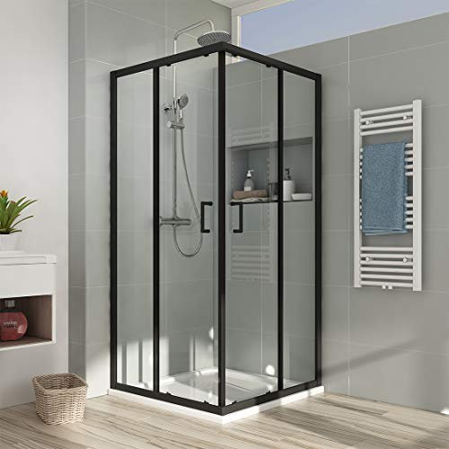 EMKE Duschkabine 90x90 Schwarz Duschabtrennung Doppel Schiebetür Duschtür Duschwand Glas 5 mm Mit Nano-Beschichtung Duschkabine Eckeinstieg mit Schiebetüren Höhe 190cm