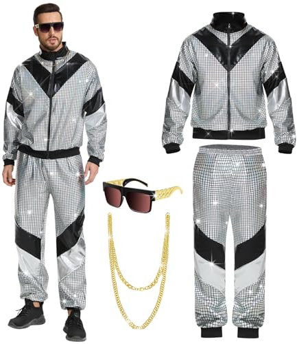 Aragallant 80s 90s Outfit Herren Damen, Kostüm 80s Tracksuit Disco Jacke und Hose, 80s 90s Retro Anzug Jogging Anzug Unisex mit Halsketten Brille für Bad Taste Party, Karneval (S)