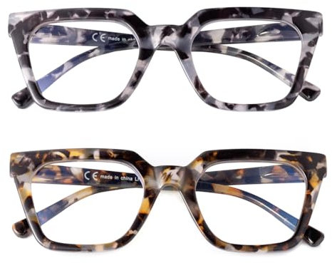 SKYWAY 2 Pack Blaulichtfilter Brille Damen,Übergroße Quadratisch Blaulicht-Blockierende Computerbrille Gaming Brille Ohne Stärke,Großer Rahmen mit Federscharnieren,Grauer/Geblümter Schildpatt