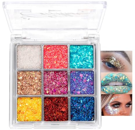 Glitzer Lidschatten Palette, 9 Farben Glitter Eyeshadow Palette, Hochpigmentierter Augen Make Up Palette mit Schimmer, Festival Wasserdicht & Langlebig Bunte Lidschattenpalette, Shining Schminkpalette