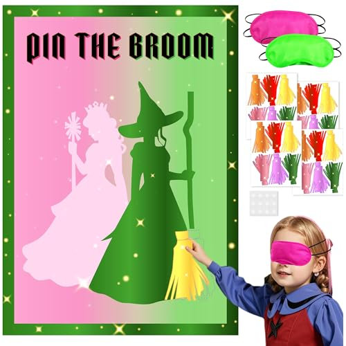 AFZMON Witch Party Decorations Pin The Broom Party Games, Pink and Green Poster with 24 Reusable Broom Stickers for Witch Birthday Party Wall Decorations Supplies- 19.5Inch x27.5Inch