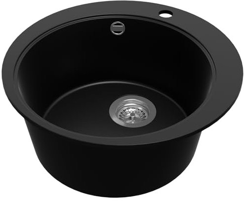 PRIMAGRAN Fregadero Cocina Circular Noiro 50x50cm, Fregadero Granito 1 Seno + Sifón, sobre encimera al mueble 45cm - Pisa