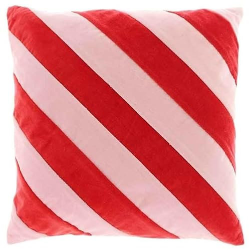 SCHÖNER LEBEN. Cuscino a righe trasversali in velluto rosso, rosa, 45 x 45 cm