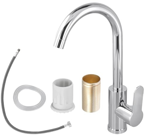 SINJEUN Robinet de cuisine basse pression, hauteur 35 cm, argenté, avec raccords, pivotant à 360°, en acier inoxydable, basse pression, mitigeur monocommande