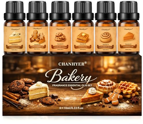 Chanhyer Backerei Ätherische Öle Set, Duftöl für Diffuser 6 x10ml | (Schokoladenkekse,Vanillekuchen,Zimtrollen,Kürbispudding,Ingwerbrot,Waffeln) für Diffuser Duftlampen Luftbefeuchter,Massage