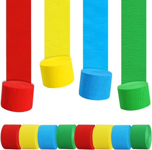 TONIFUL 8 Rollen Krepppapier Luftschlangen Rot Gelb Blau Grün für Sesamstraße, Paw Patrol, Karneval, Zirkus Mottoparty Kindergeburtstag DIY Geburtstagsdeko Party Deko - 4,5 cm x 25 m Rolle