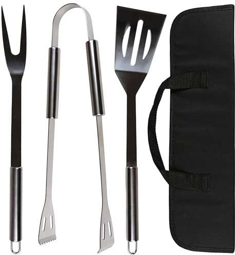 Grillzubehör-Set mit Grillschaufel, Grillzange und Grillgabel aus Edelstahl im Etui (A)