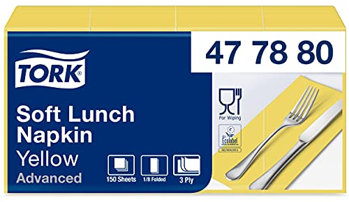 Tork 477880 Soft Lunchservietten Gelb 1/8 Falz / 3-lagige, vorgefaltete Servietten für kleine Gerichte oder Snacks / Advanced Qualität / 10 x 150 (1500) Papierservietten / 32,6 x 33 cm (B x L)