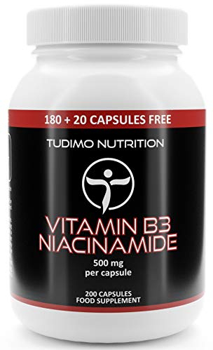 Vitamin B3 Niacinamide Supplement 500mg Flush Free Capsules - 200 High Strength Caps (6+ Month Supply), Each with 500 mg of Pure VIT B3 Nicotinamide 500mg Powder