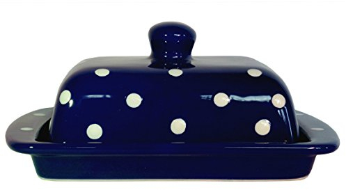 UNGARNIKAT Butterdose Keramik 250g – Landhaus Vintage Design – dunkelblau mit handbemalten weißen Punkten – Butterglocke / Butterschale mit Deckel & Griff – spülmaschinenfest & langlebig