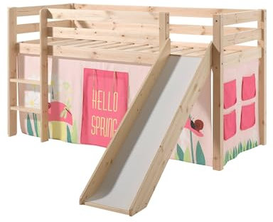 Spielbett inkl. Rutsche mit Textilset VorhangSpring, Kiefer Massiv Natur