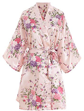 YAOMEI la mariée Demoiselle d'honneur Kimono Robe Femmes, Femmes Chemises de Nuit Fleurs de Cerisier, Soyeux Robe Peignoir en Satin Pyjamas S-2XL (Buste: 126cm, pour S-2XL, Pink)