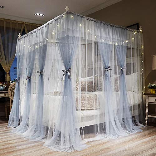 Joyreap Luxuriöse Betthimmel-Vorhänge mit 4 Ecken, Grau und Weiß, gemütliches Drapiernetz – niedlicher Prinzessinnen-Stil, Schlafzimmer-Dekorations-Zubehör (218,4 cm B x 198,1 cm L, King-Size)