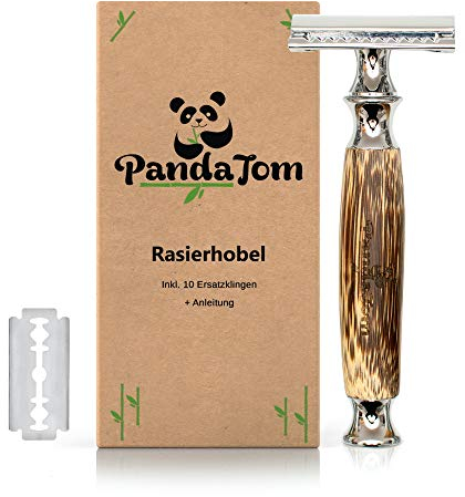PandaTom Rasierhobel für Damen & Herren mit Bambus-Griff | Nass-Rasierer mit 10 Rasierklingen | Hochwertig & Sanft | Safety Razor Geschlossener Kamm | Nachhaltig Plastikfrei