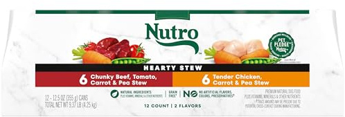 Nutro Hearty Stew Canned Wet Dog Food, Natural Grain Free Dog Food Wet Cuts in Gravy Chicken Beef Variety Pack, 12.5 oz Cans (12 Count, Pack of 1)