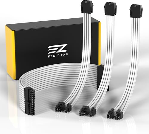 EZDIY-FAB Cavo di Estensione PSU con Manicotto Cavo di Alimentazione PC mod Personalizzato,Nylon Morbido Intrecciato con Kit Pettine 24PIN/8PIN a 6+2PIN/ 8PIN a 4+4PIN-300MM-Bianco