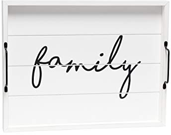 Elegant Designs Decorative Wood Serving Tray w-Handles, Metal, White Wash Family, 15.5 x 12 x 2.3