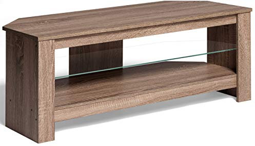 AVF Wood Corner TV Stand - Calibre Rustic Sawn Oak Effect TV Floorstand Unit With Glass Shelf - 115cm Wide - Open Shelving - Cable Management - Easy Assembly CA115GOX
