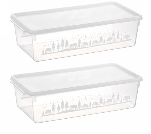 MiraHome Keksdosen 2er Set transparent mit Winterdorf-Design 5L – Rechteckige Plätzchendosen – Ideal als Keksdose für Weihnachten – Plätzchendose für die Weihnachtszeit
