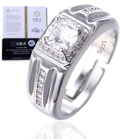 Halukakah D Color 1.0 ct Herren-Moissanitring Quadrat,1 Karat Laborgewachsender Diamant mit Zertifikat,Plattiertes Sterlingsilber,Verstellbare Größe,für Ehemann,Freund,Geburtstag,Jubiläum,Hochzeit