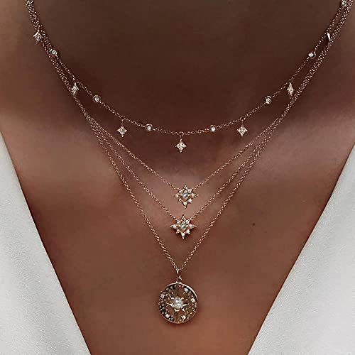 Prosy - Gargantilla con forma de estrella y borla en capas, collar con colgante de cristal dorado Boho ajustable para mujeres y niñas