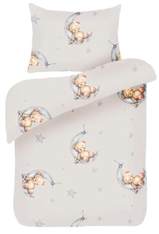 Kinder Bettwäsche 2-TLG (100x135cm / 40x60cm) Bettdecken Set, 100% Baumwolle - Babybettwäsche mit Motiv Bärchen Beige