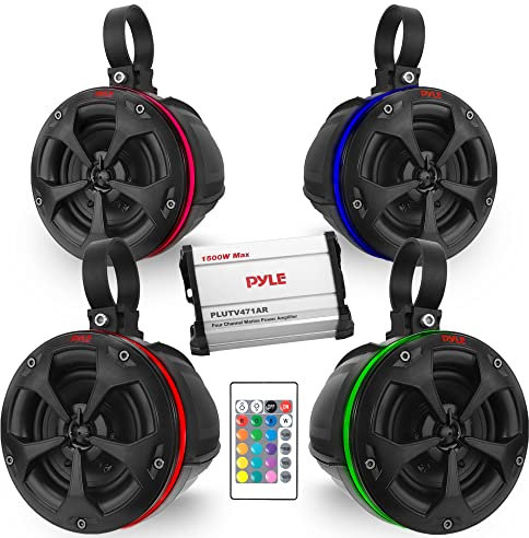 PyleUsa Waterproof Off-Road Speakers with Amplifier 4 Inch 800W 4-Channel Marine Grade Wakeboard Tower System w/RGB Lights,Remote, Full Range Outdoor Audio Stereo Speaker for ATV,UTV,Quad, Jeep, Boat