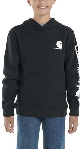 Carhartt Boys' Pullover Long Sleeve Hooded Sweatshirt, Caviar Black, L (14-16)
