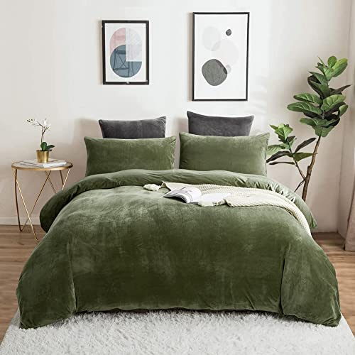 Lanqinglv Winter Plüsch Bettwäsche Set 155x220cm Olivgrün Grün Biber Flauschig Warme Coral Fleece Flanell Samt Uni Bettbezug mit Reißverschluss und Kissenbezug 80x80 cm